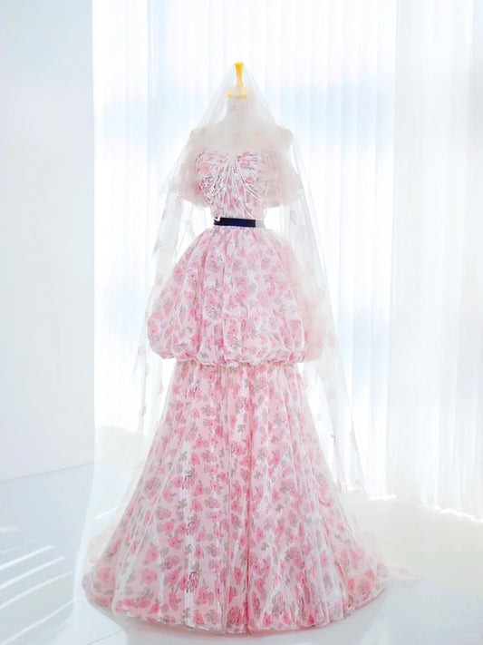 Classy Ball Gown Off The Shoulder Pink Floral Prom Dresses Long Party Dress 18th Birthday Outfit Senior High School Dance Dress AU815
