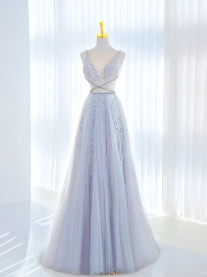 Romantic A Line V Neck Tulle Prom Dresses Long Party Dress 21st Birthday Outfit Graduation Dress AU817