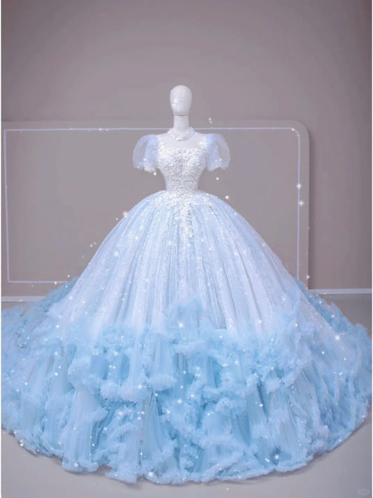 Luxury Quinceanera Dresses Ball Gown Strapless Blue Birthday Gowns Vestidos De 15 Anos Formal Party Long Sweet 16 Dress AU818