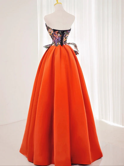 Romantic A Line Strapless Floral Satin Prom Dresses Long Party Dress 21st Birthday Outfit Graduation Dress AU831