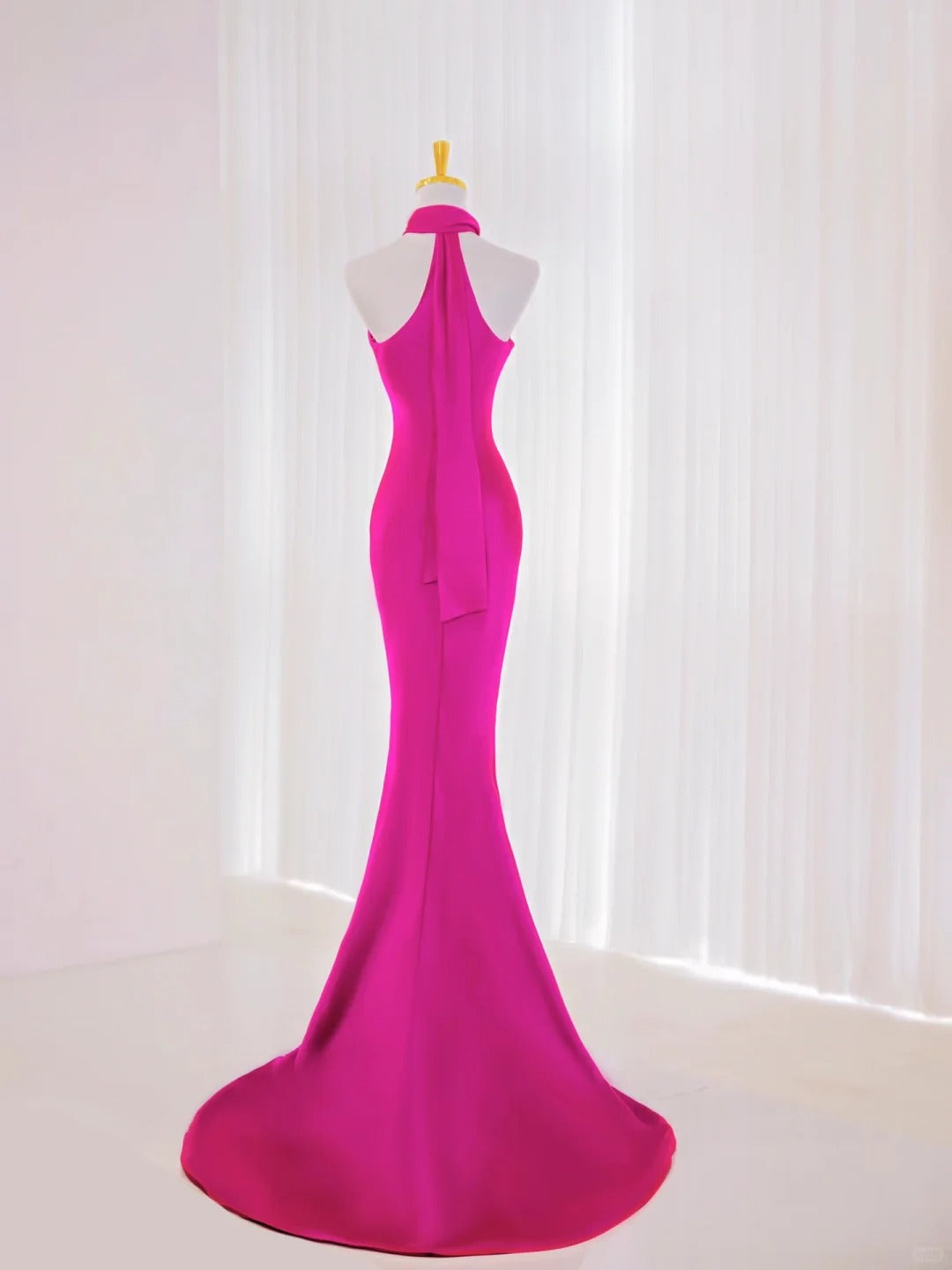 Sexy Mermaid High Neck Hot Pink Satin Prom Dresses Long Party Dress 18th Birthday Outfit Graduation Dress AU832