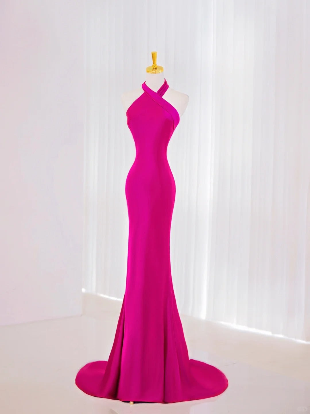 Sexy Mermaid High Neck Hot Pink Satin Prom Dresses Long Party Dress 18th Birthday Outfit Graduation Dress AU832