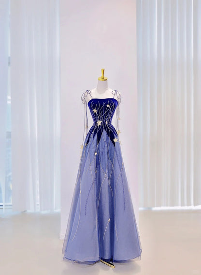 Classy A Line Spaghetti Straps Blue Tulle Prom Dresses Long Party Dress 18th Birthday Outfit Senior High School Dance Dress AU851