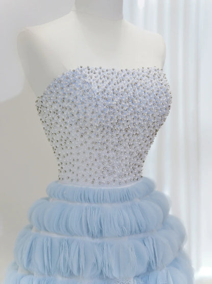 Luxury Quinceanera Dresses Ball Gown Strapless Tulle Light Sky Blue Birthday Gowns Vestidos De 15 Anos Long Sweet 16 Dress AU852