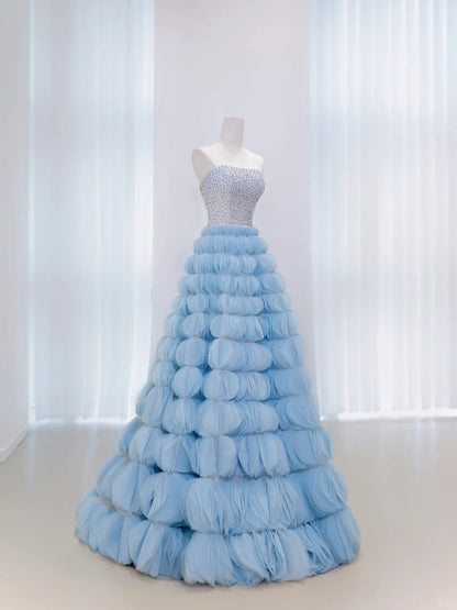 Luxury Quinceanera Dresses Ball Gown Strapless Tulle Light Sky Blue Birthday Gowns Vestidos De 15 Anos Long Sweet 16 Dress AU852