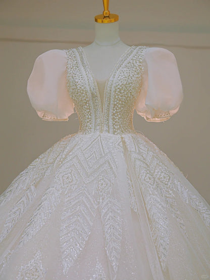 Dreamy Ball Gown V Neck Short Sleeves Sequin Wedding Dress Fairytale Long White Wedding Dresses AU879