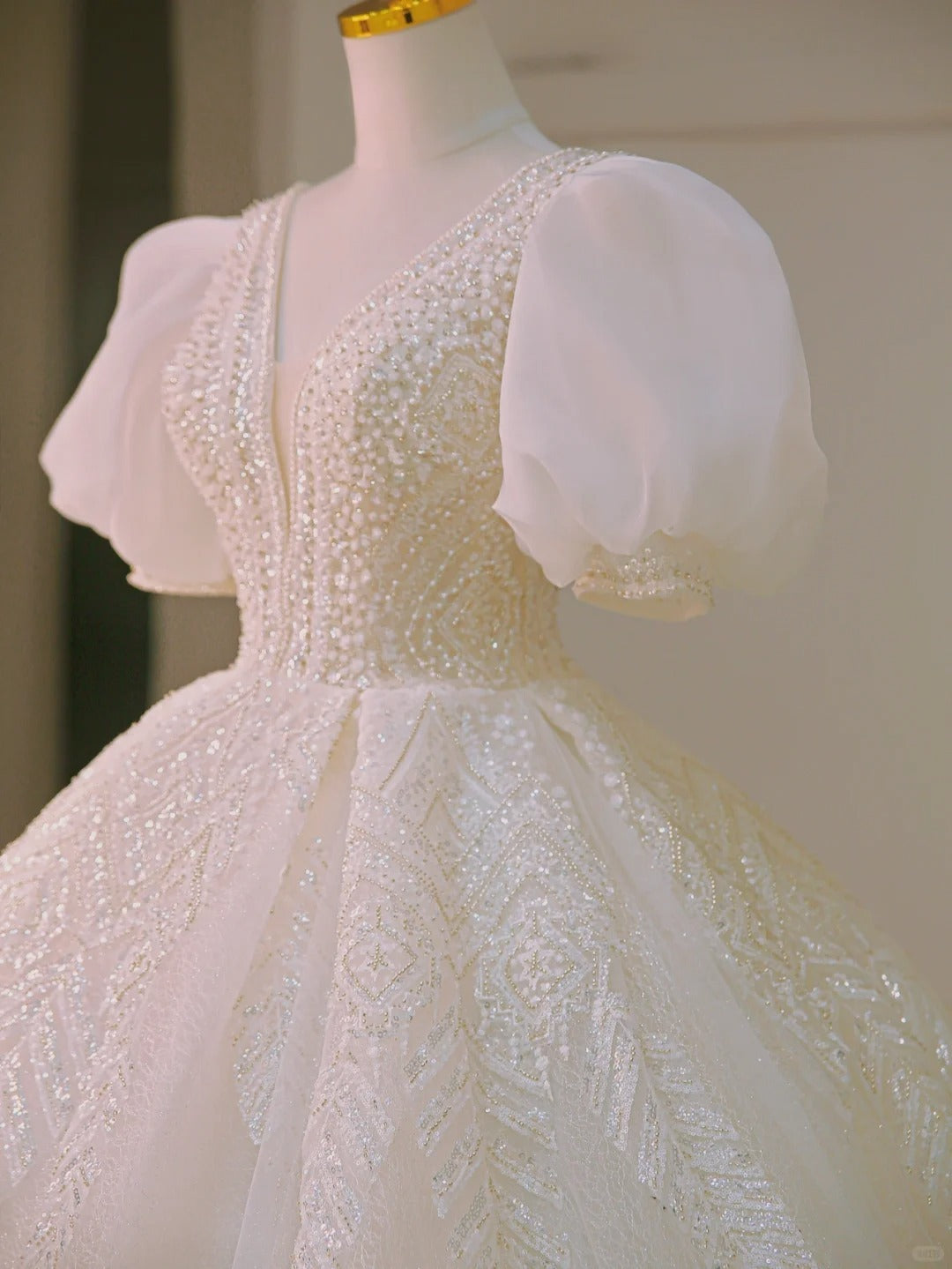 Dreamy Ball Gown V Neck Short Sleeves Sequin Wedding Dress Fairytale Long White Wedding Dresses AU879