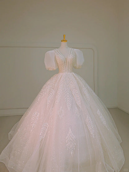 Dreamy Ball Gown V Neck Short Sleeves Sequin Wedding Dress Fairytale Long White Wedding Dresses AU879