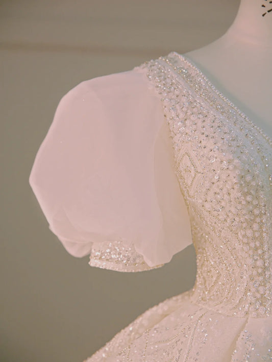 Dreamy Ball Gown V Neck Short Sleeves Sequin Wedding Dress Fairytale Long White Wedding Dresses AU879