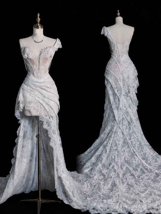 Romantic Long Wedding Dresses White High Low One Shoulder Lace Wedding Dress Style For Brides Fitted Bridal Gowns AS455
