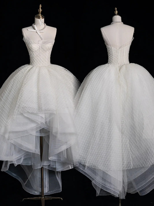 Classy Ball Gowns High Low Strapless White Tulle Prom Dresses Graduation Gown 20th Birthday Outfits N507