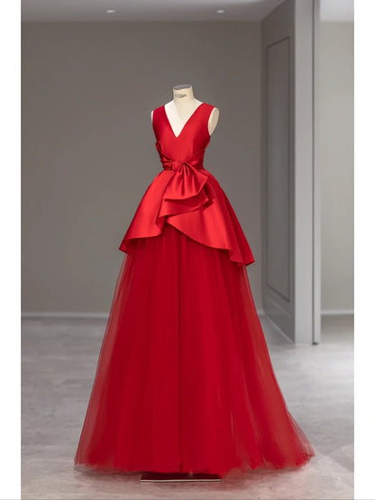 Elegant Ball Gown V Neck Red Tulle Satin Long Prom Dresses Inspo Evening Outfits RB4011
