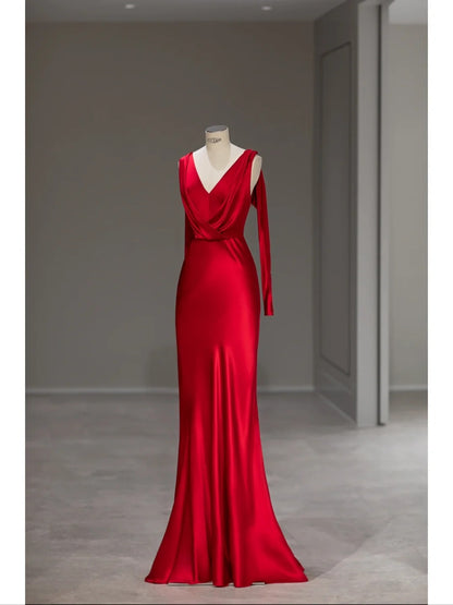 Pretty Mermaid V Neck Red Satin Spring Summer Event Outfits Wedding Guest Dresses RB4010