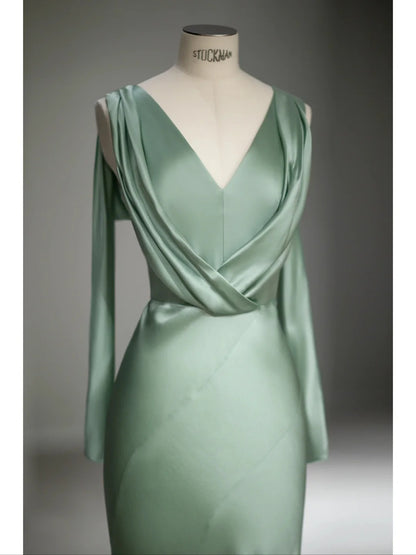 Pretty Mermaid V Neck Sage Green Satin Spring Summer Event Outfits Wedding Guest Dresses RB4009
