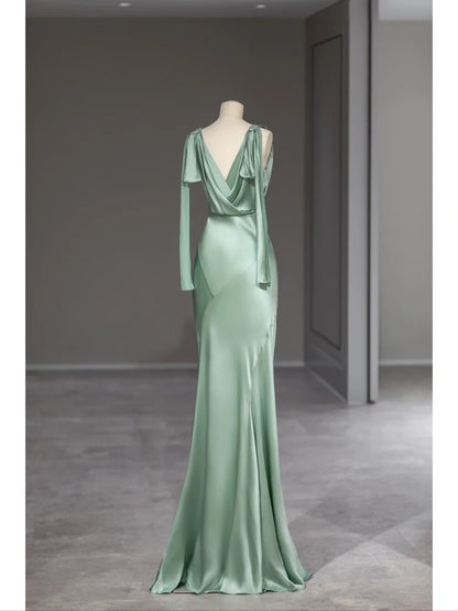 Pretty Mermaid V Neck Sage Green Satin Spring Summer Event Outfits Wedding Guest Dresses RB4009