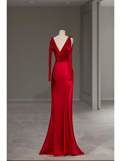 Pretty Mermaid V Neck Red Satin Spring Summer Event Outfits Wedding Guest Dresses RB4010