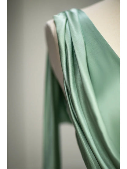 Pretty Mermaid V Neck Sage Green Satin Spring Summer Event Outfits Wedding Guest Dresses RB4009