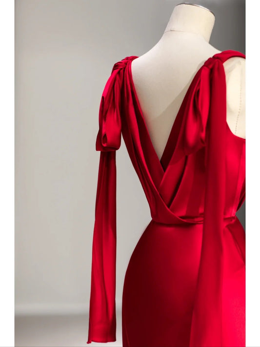 Pretty Mermaid V Neck Red Satin Spring Summer Event Outfits Wedding Guest Dresses RB4010
