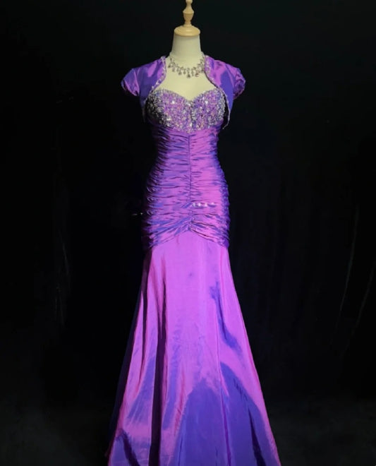 Vintage Prom Dresses Inspo Mermaid Sweetheart Purple With Ruffled Jacket 80s Long Formal Gown N2830
