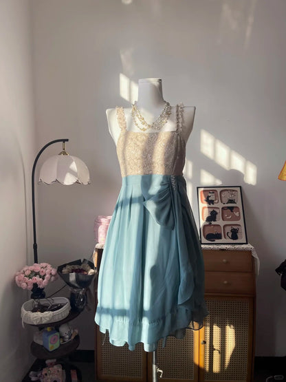 Vintage A Line Square Neck Blue With Lace 16th Birthday Homecoming Dress Graduation Outfits RB6802