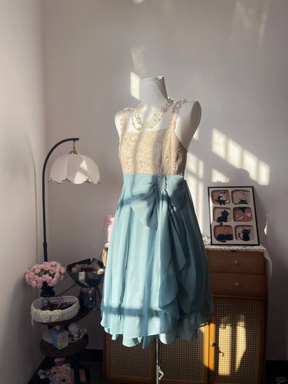 Vintage A Line Square Neck Blue With Lace 16th Birthday Homecoming Dress Graduation Outfits RB6802