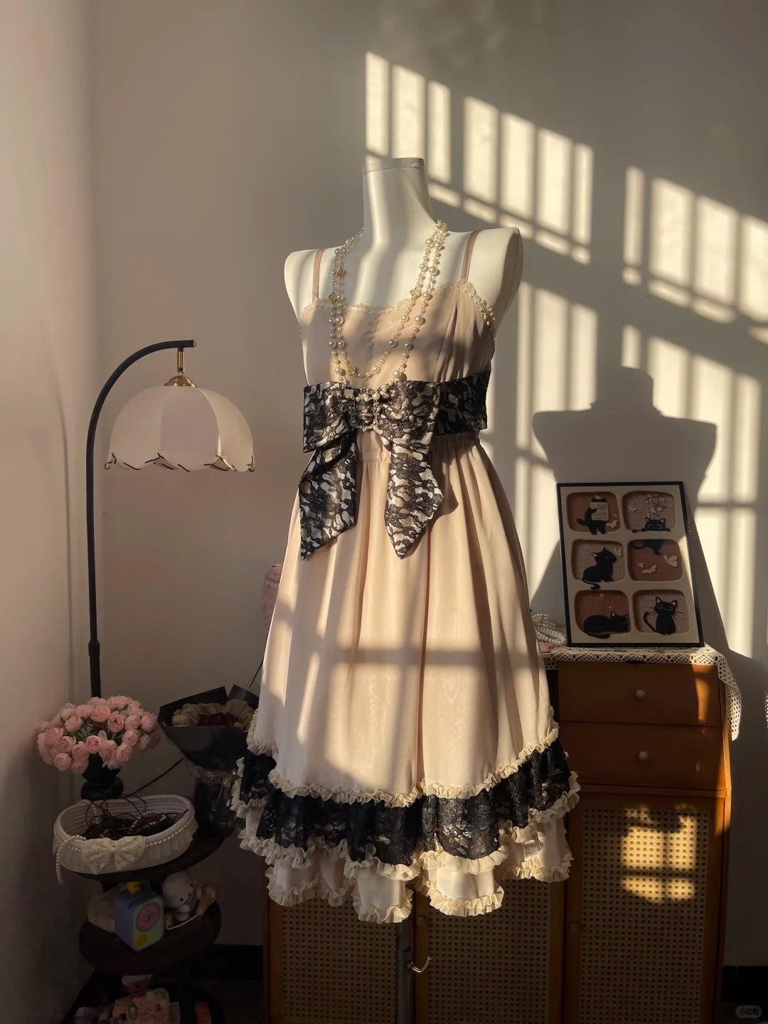 Vintage A Line Spaghetti Strap Champagne Chiffon Black Lace 16th Birthday Homecoming Dress Graduation Outfit RB6787