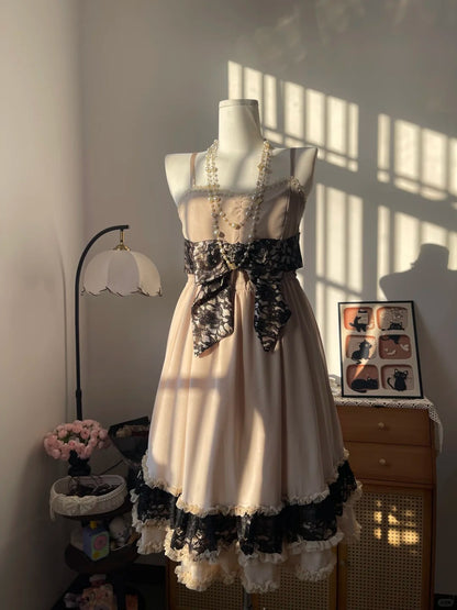Vintage A Line Spaghetti Strap Champagne Chiffon Black Lace 16th Birthday Homecoming Dress Graduation Outfit RB6787