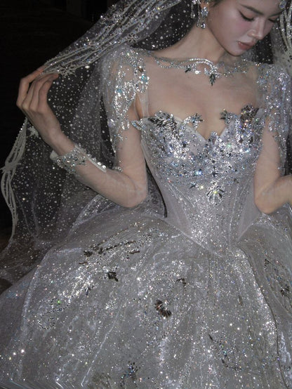 Romantic Ball Gown Sweetheart Silver Appliques Sequin Long Wedding Dress Goddesses Gowns Formal Wedding Dresses B06