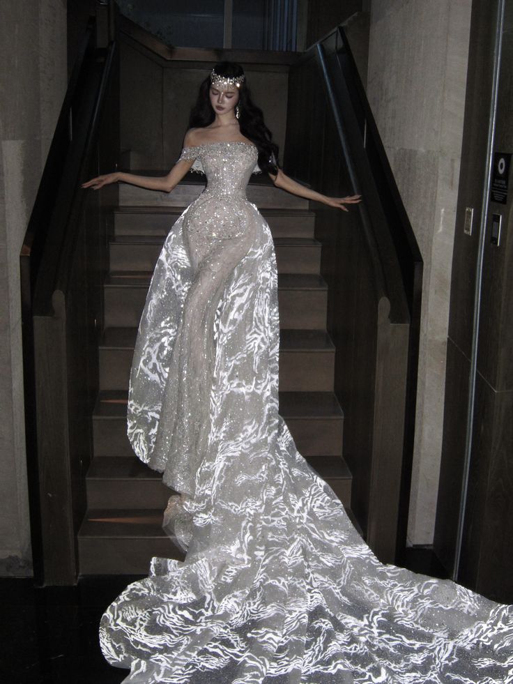 Dreamy Mermaid Off The Shoulder Sequin Long Wedding Dress Fairy Formal Short Sleeves Wedding Dresses B08