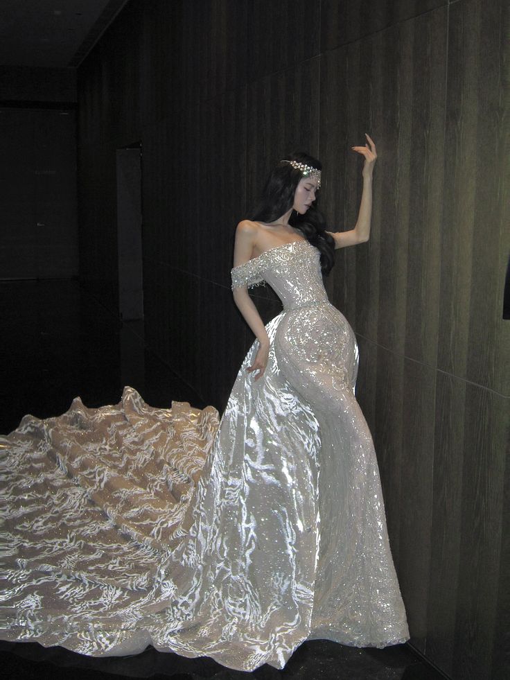 Dreamy Mermaid Off The Shoulder Sequin Long Wedding Dress Fairy Formal Short Sleeves Wedding Dresses B08