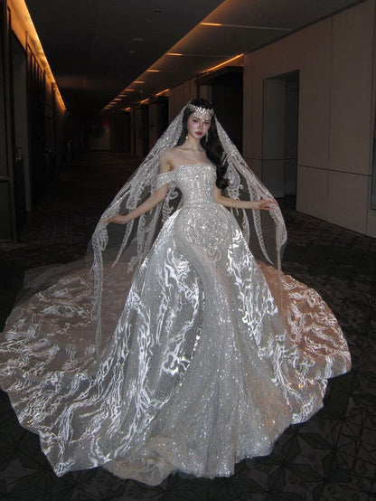 Dreamy Mermaid Off The Shoulder Sequin Long Wedding Dress Fairy Formal Short Sleeves Wedding Dresses B08
