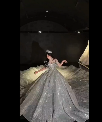Ethereal Ball Gown Sweetheart Neck Silver Sequin Bling Long Wedding Dress Fairy Formal Brides Gown Wedding Dresses B09