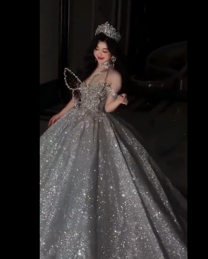 Ethereal Ball Gown Sweetheart Neck Silver Sequin Bling Long Wedding Dress Fairy Formal Brides Gown Wedding Dresses B09