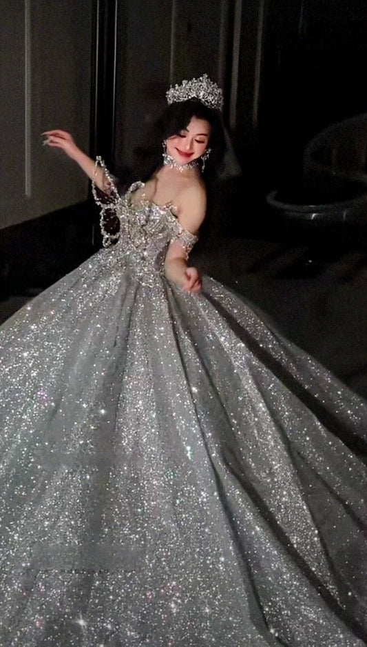Ethereal Ball Gown Sweetheart Neck Silver Sequin Bling Long Wedding Dress Fairy Formal Brides Gown Wedding Dresses B09