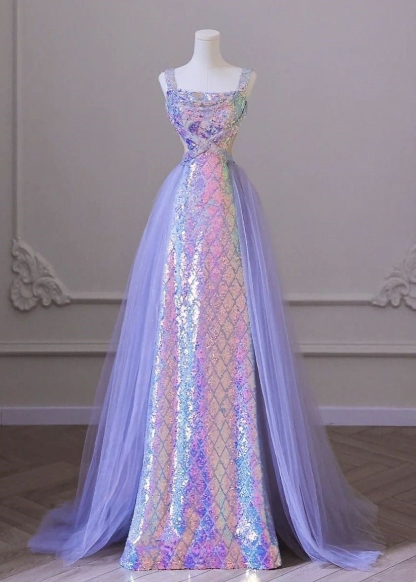 Elegant Mermaid Square Neck Lilac Sequin Long Floor Length Prom Dress Inspiration Prom Dresses B100