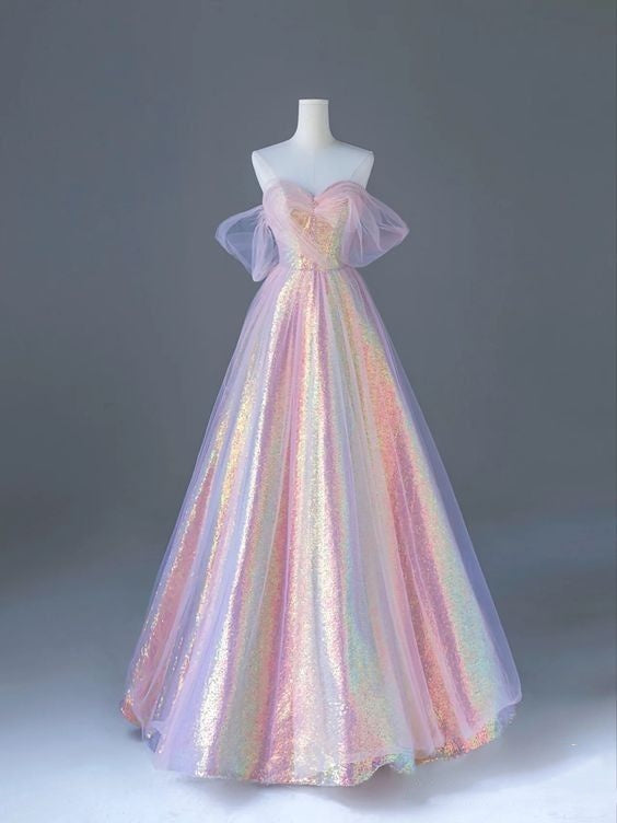 Elegant A line Off The Shoulder Pink Sequin Sparkly Long Floor Length Prom Dress Inspiration Prom Dresses B102