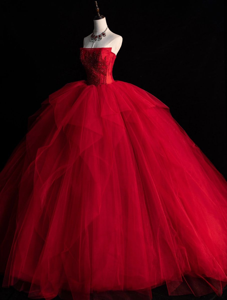 Cute Strapless Ball Gown Red Tulle Long Quinceanera Dress Gorgeous Quinceanera Dresses Sweet 15 16 Dress B104