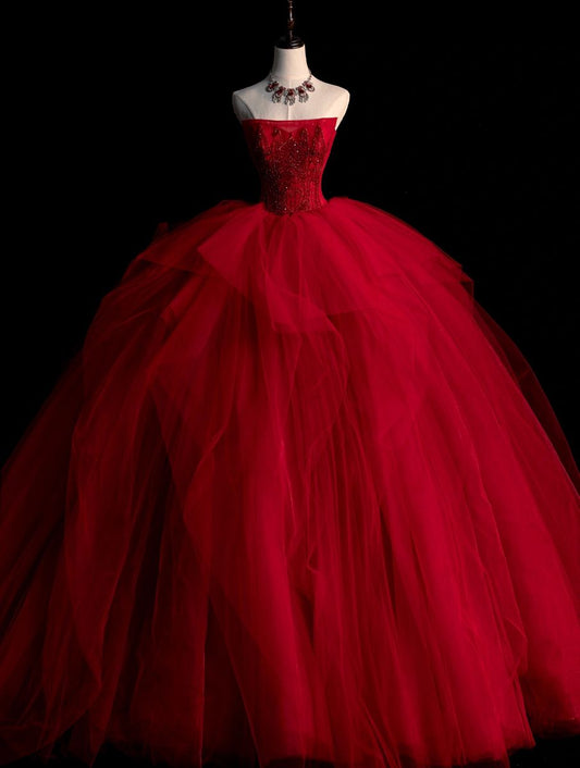 Cute Strapless Ball Gown Red Tulle Long Quinceanera Dress Gorgeous Quinceanera Dresses Sweet 15 16 Dress B104