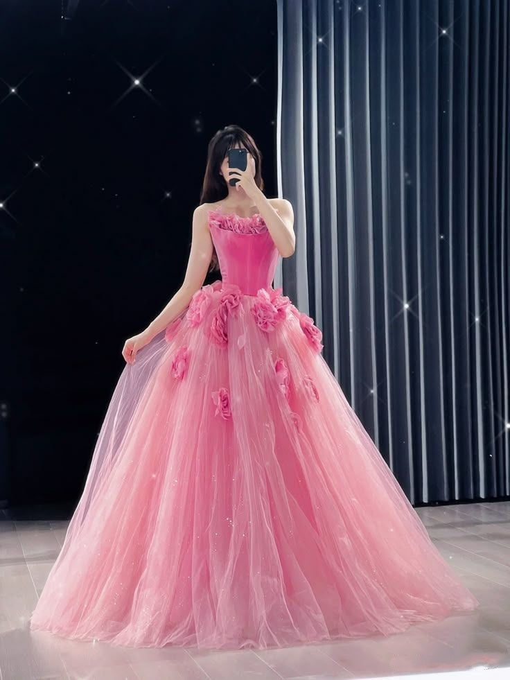 Cute Strapless Ball Gown Pink Tulle Long Quinceanera Dress Gorgeous Quinceanera Dresses Sweet 15 16 Dress B107