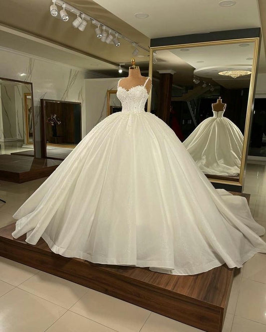 Dreamy Ball Gown Spaghetti Straps Long Sequin White Silver Beads Wedding Dress Fairy Formal Wedding Dresses B109
