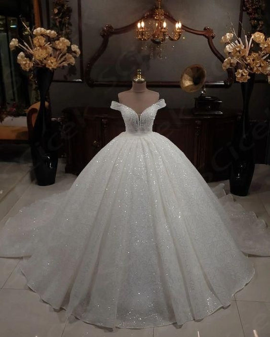 Dreamy Ball Gown Off The Shoulder Sequin Long Wedding Dress Fairy Formal Short Sleeves Wedding Dresses B110