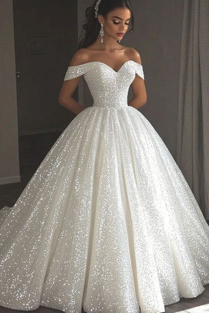 Sparkly Ball Gown Off The Shoulder Sequin Long Wedding Dress Fairy Formal Short Sleeves Wedding Dresses B113