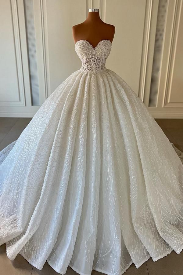 Elegant Ball Gown Sweetheart Long Sequin White Beads Wedding Dress Fairy Formal Wedding Dresses B118