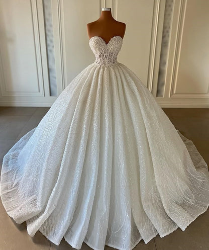 Elegant Ball Gown Sweetheart Long Sequin White Beads Wedding Dress Fairy Formal Wedding Dresses B118