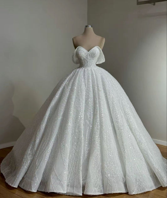 Romantic Ball Gown Off The Shoulder White Sequins Long Wedding Dress Fairy Formal Short Sleeves Wedding Dresses B119