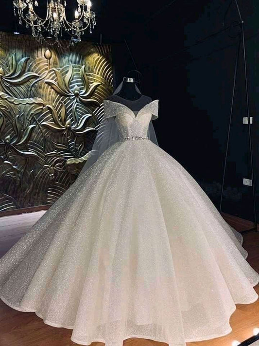 Dreamy Ball Gown Scoop Neck Short Sleeves Sequin Silver Beads Wedding Dress Fairy Formal Wedding Dresses B120