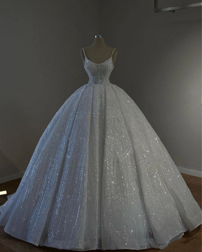 Dreamy Ball Gown Spaghetti Straps Long Sequin White Beads Wedding Dress Fairy Formal Wedding Dresses B123