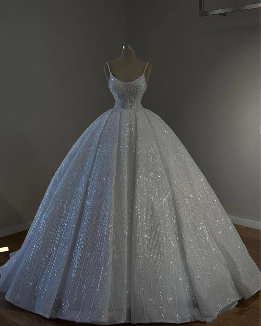 Dreamy Ball Gown Spaghetti Straps Long Sequin White Beads Wedding Dress Fairy Formal Wedding Dresses B123