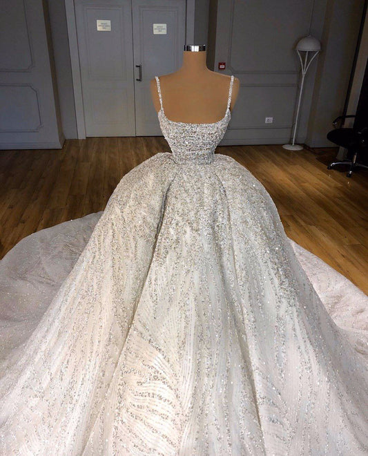 Sparkly Ball Gown Spaghetti Straps Long Sequin White Silver Beads Wedding Dress Fairy Formal Wedding Dresses B124