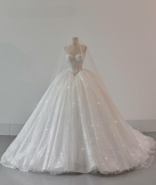 Romantic Ball Gown Spaghetti Straps White Tulle Long Wedding Dress Fairy Formal Brides Gown Wedding Dresses B134